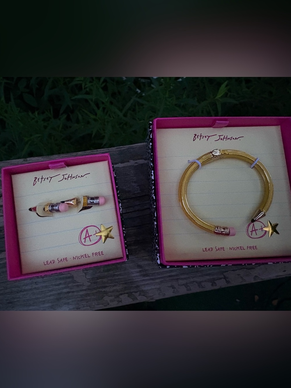 NEW Set of Betsey Johnson Yellow Pencil Hinged Cuff Bracelet & Stud Earrings